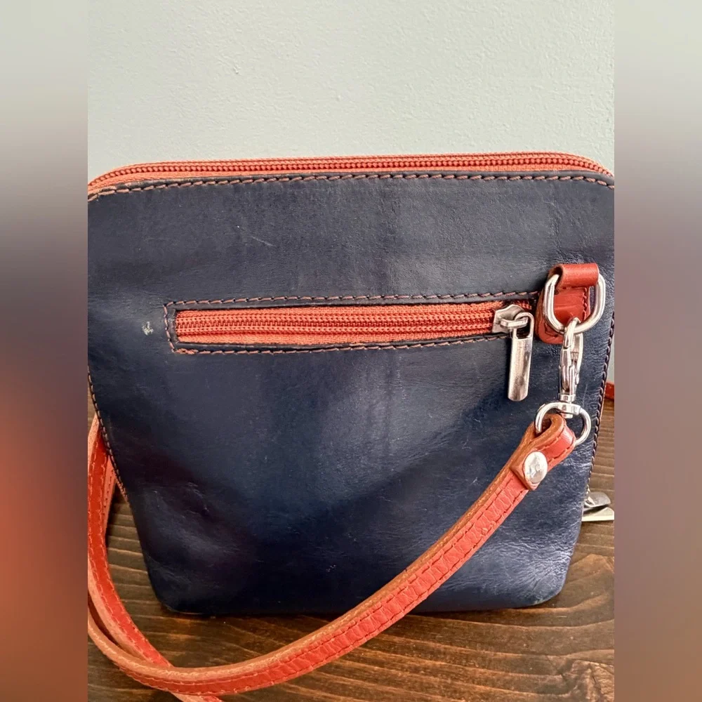 Florence Made in Italy Navy & Brown Leather Crossbody with Silver Tone Hardware